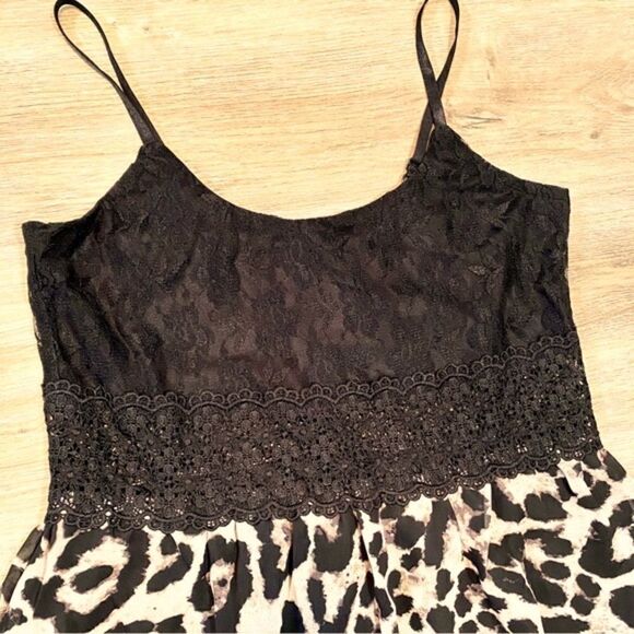 SPAGHETTI STRAP BLACK LACE FLARE LEOPARD PRINT MINI DRESS M NWT - Picture 12 of 15